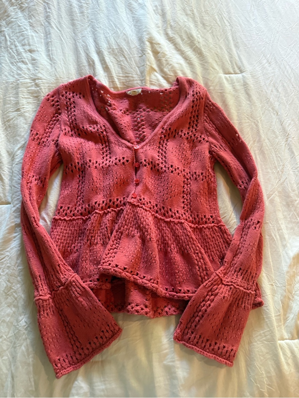 Pilcro Coral-Pink Open Knit V-Neck Peplum Sweater